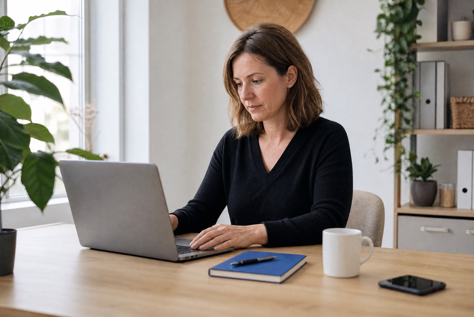 Une gérante à son bureau, devant son ordinateur portable, un carnet ouvert à côté