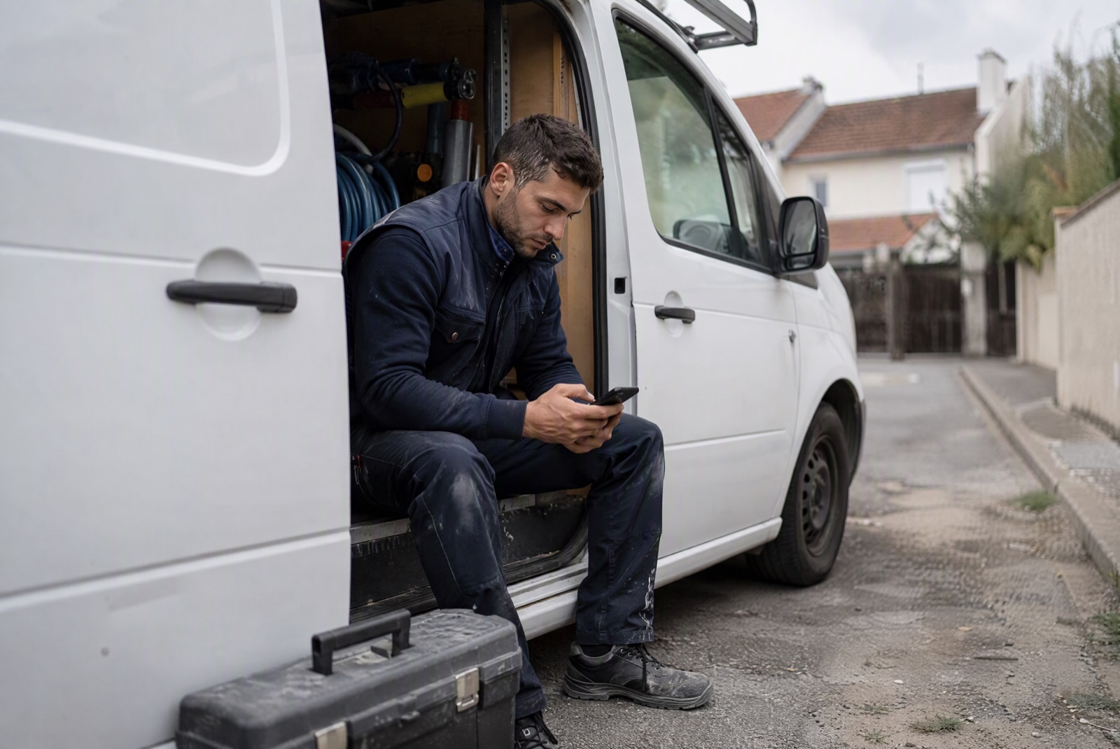 Un artisan assis dans sa camionnette consulte son téléphone entre deux chantiers