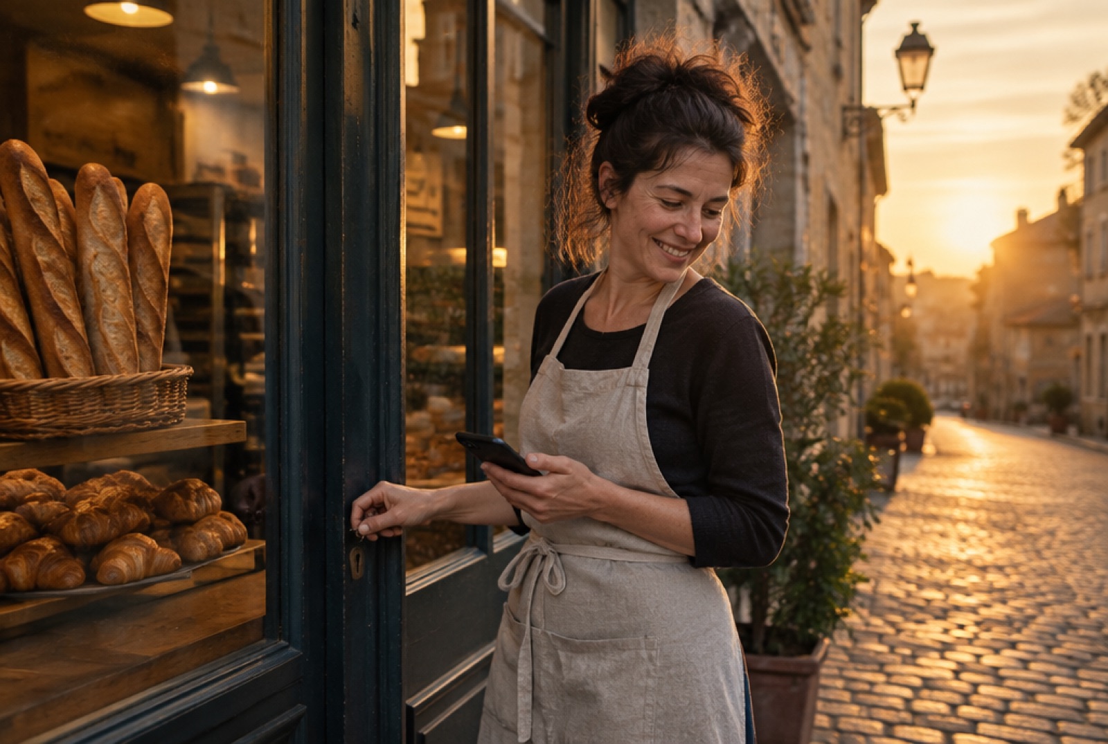 Une boulangère ferme sa boutique le soir, son téléphone à la main
