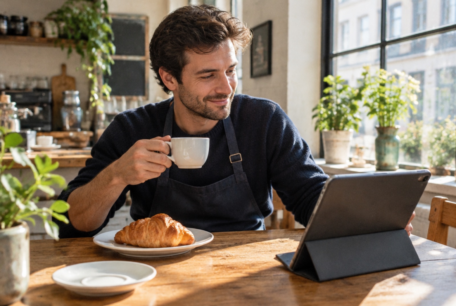Un gérant de café prend son petit-déjeuner devant sa tablette avant d'ouvrir