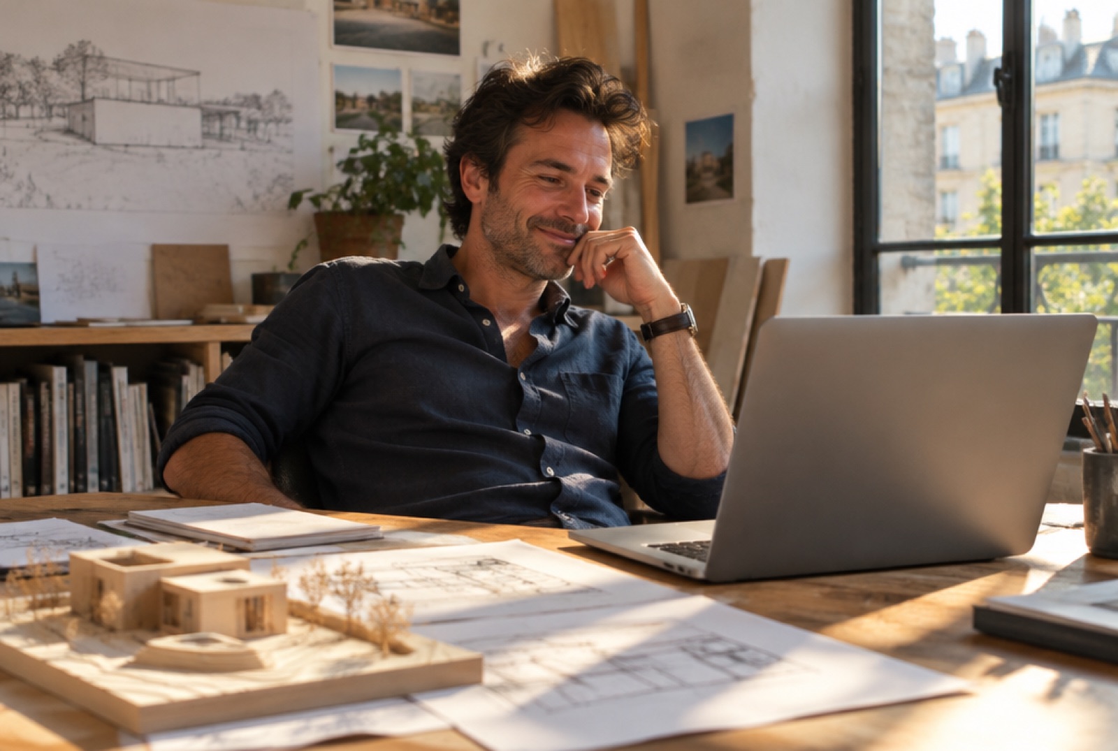 Un architecte sourit devant son ordinateur, une maquette et des plans posés sur le bureau