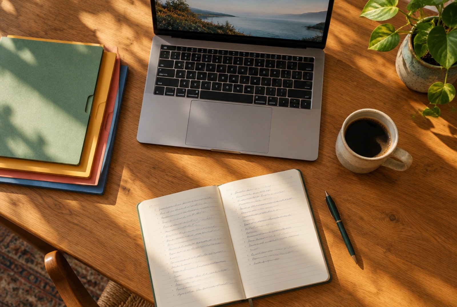 Un bureau vu de dessus avec un ordinateur portable, des dossiers papier et un carnet