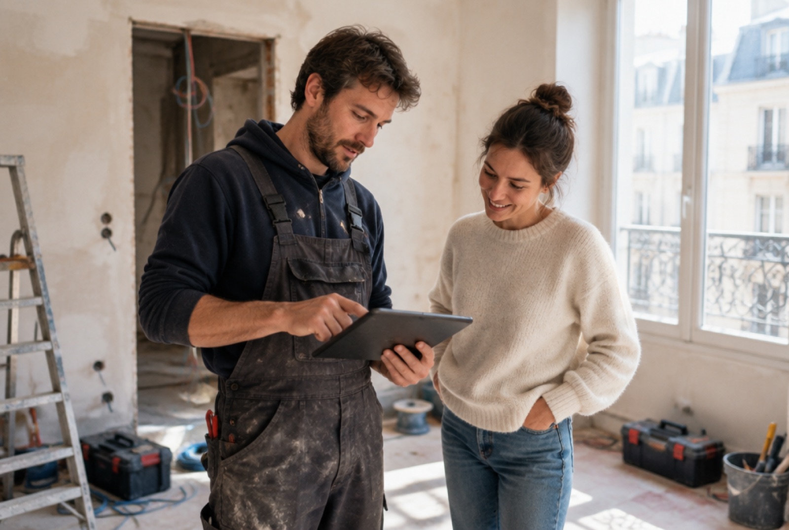 Un électricien consulte sa tablette avec la propriétaire dans un appartement en travaux