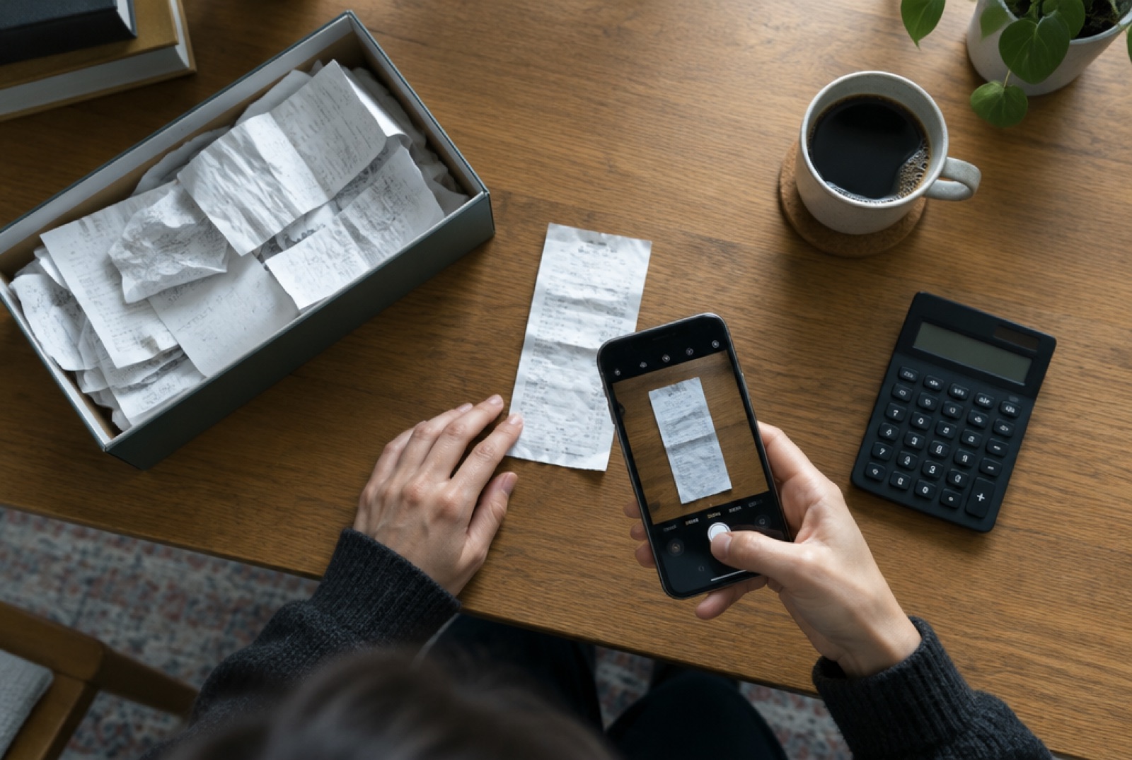 Une boîte de tickets de caisse sur un bureau, un téléphone photographie l'un d'eux