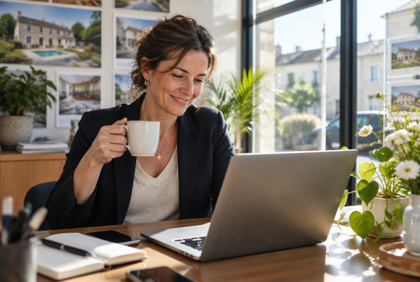 Une agente immobilière lit ses mails sur son ordinateur portable, une tasse de café à la main