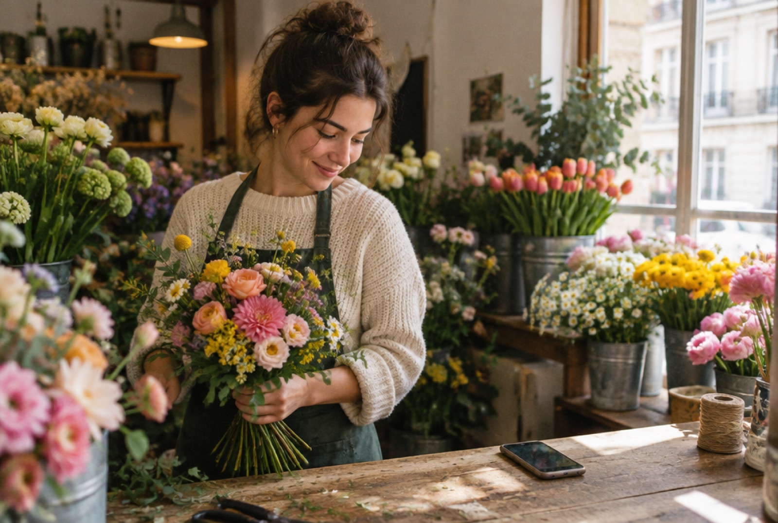 Une fleuriste compose un bouquet, son téléphone posé sur le comptoir