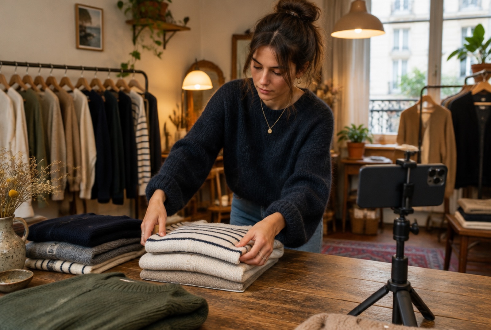Une commerçante dispose des pulls sur une table, son téléphone monté sur un petit trépied