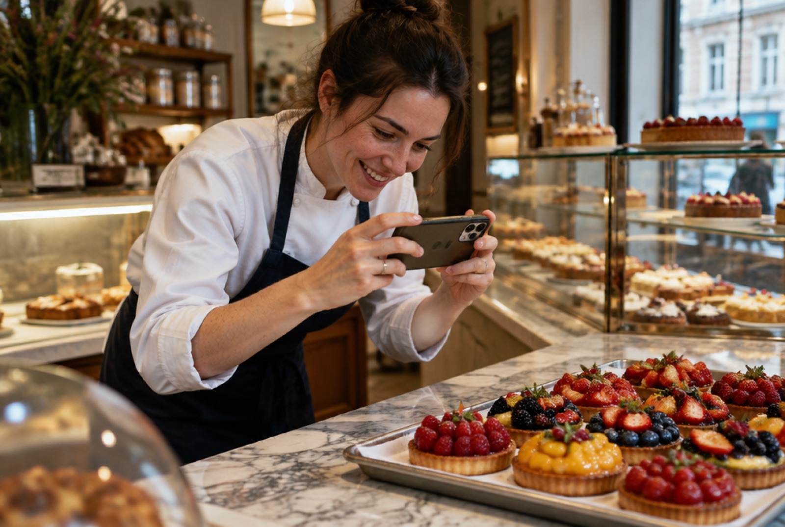 Une pâtissière photographie un plateau de tartes aux fruits avec son téléphone