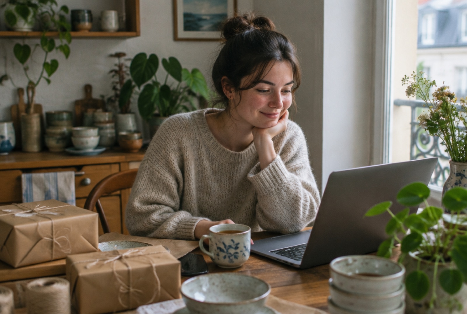 Une créatrice de céramiques travaille sur son ordinateur portable à la table de sa cuisine, entourée de colis