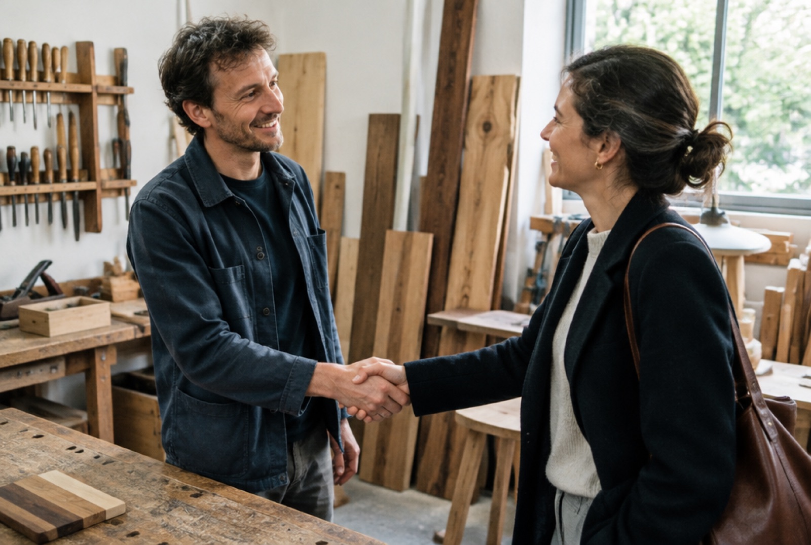 Deux personnes se serrent la main en souriant dans l'atelier d'un fabricant de meubles