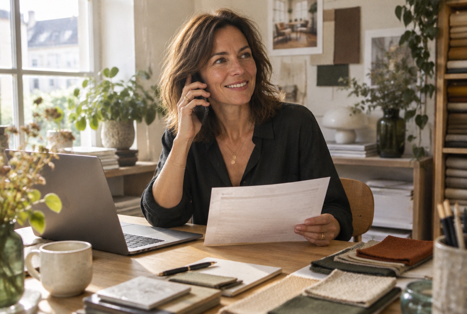 Une décoratrice au téléphone relit une facture à son bureau
