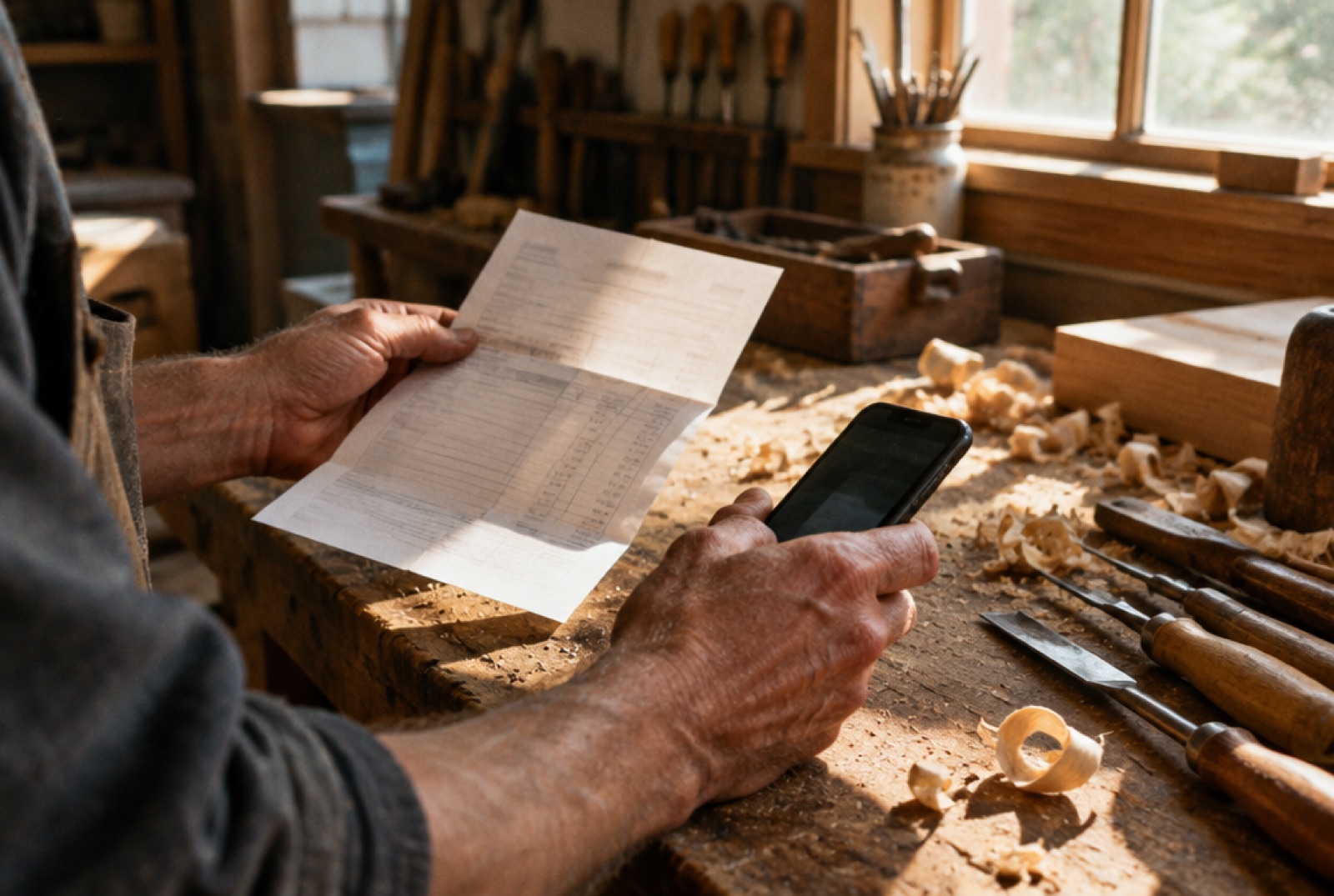 Les mains d'un artisan tiennent une facture et un téléphone sur l'établi