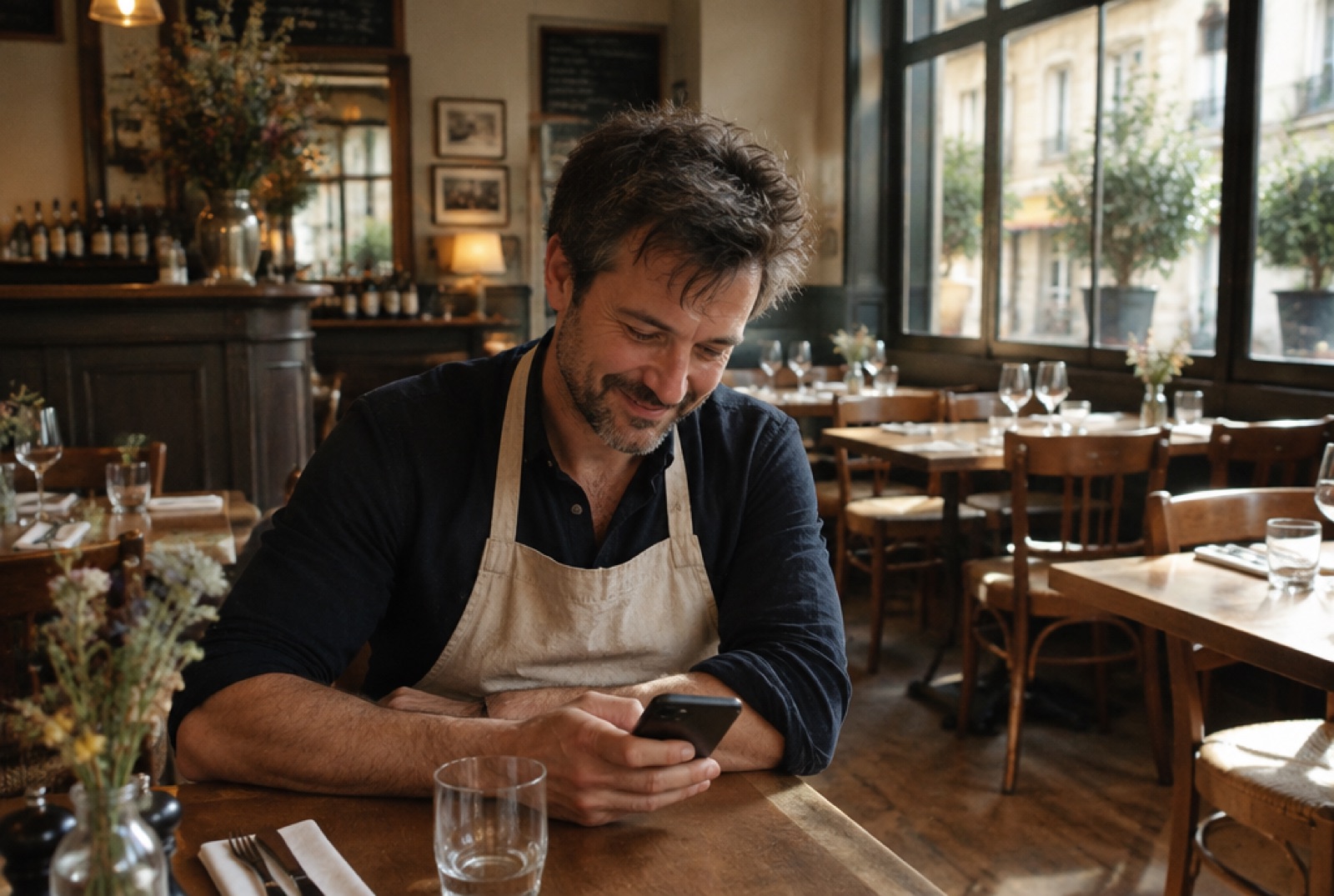 Le patron d'un bistrot lit son téléphone en souriant dans sa salle vide avant le service