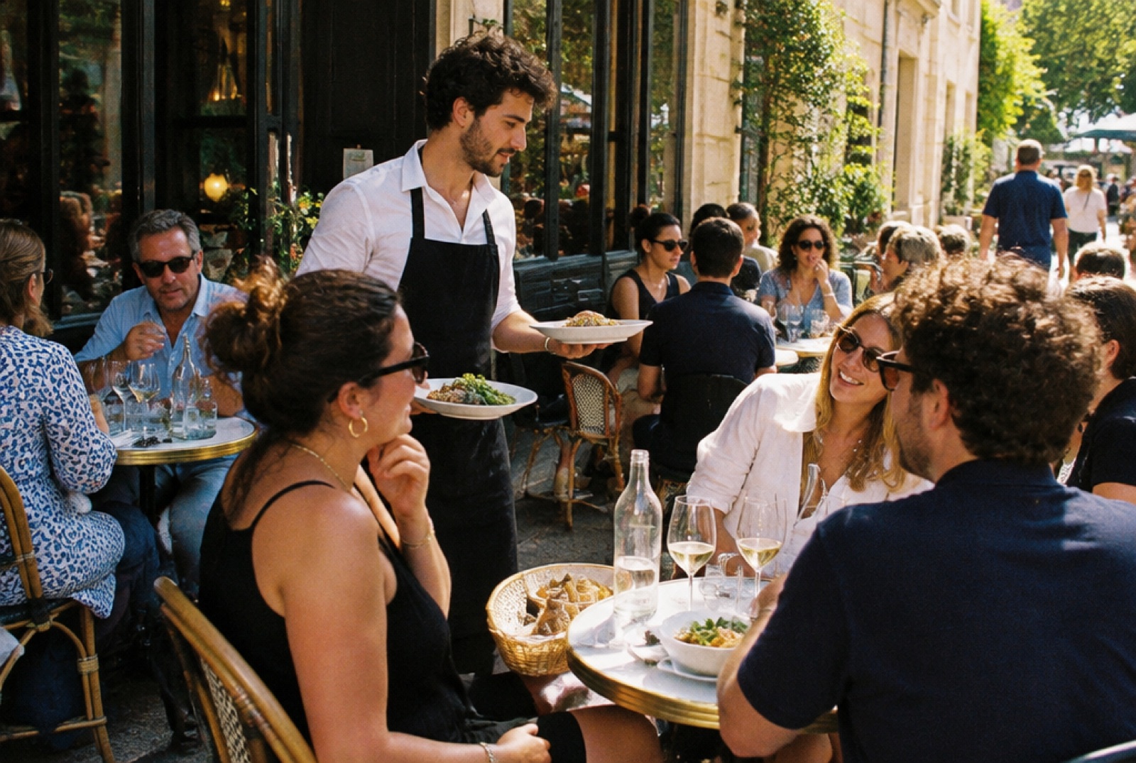 La terrasse d'un bistrot à midi, des clients déjeunent au soleil