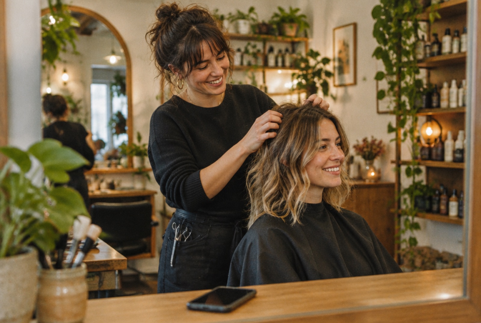 Une coiffeuse coiffe une cliente pendant que son téléphone est posé sur le comptoir
