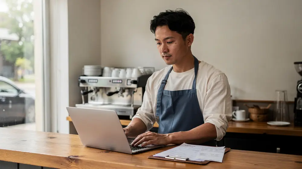 Un patron de café travaille sur son ordinateur, ses factures à côté