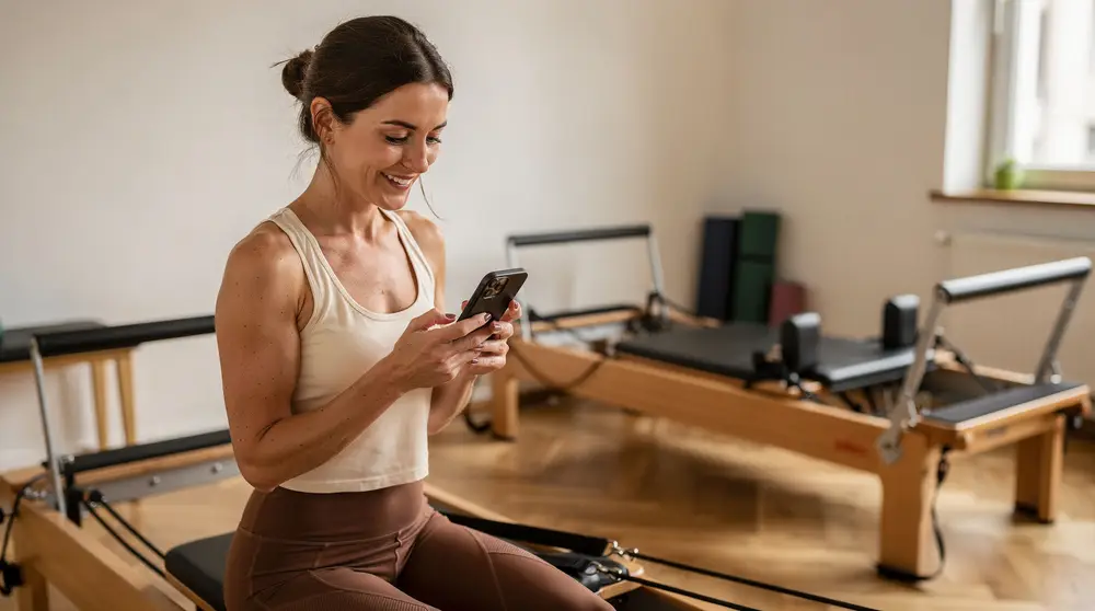 Une coach de pilates sourit en regardant son téléphone