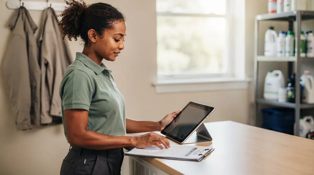 Une gérante d'entreprise de nettoyage consulte sa tablette