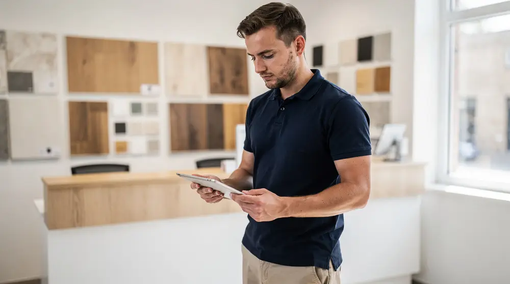 Un vendeur consulte sa tablette dans son showroom